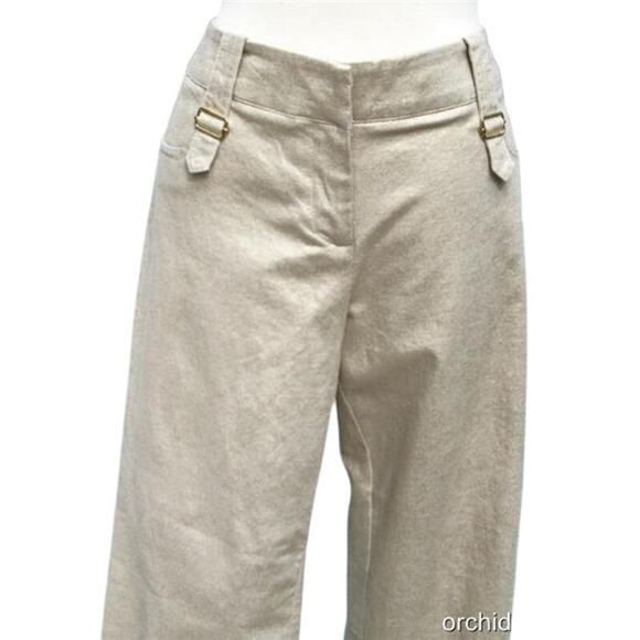 Cache Gold Metallic Linen Stretch Crop Pant Self Belt Back Tab Front NWT $128 - Picture 2 of 4
